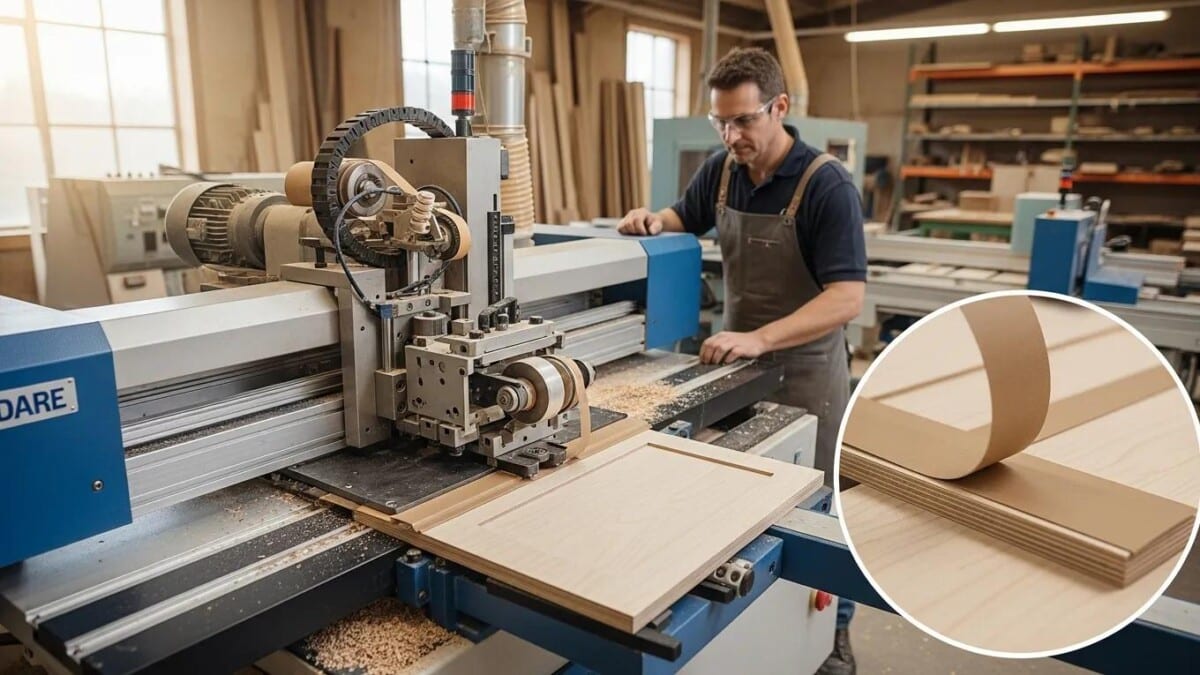 Professional woodworker using an edge banding machine for durable edgebanding application