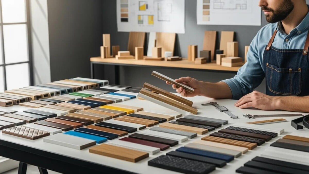 Variety of custom edgebanding samples displayed for woodworker selection in a design studio