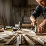 Woodworker applying edgebanding in a workshop, showcasing various materials like PVC and wood veneer