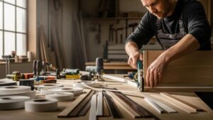 Woodworker applying edgebanding in a workshop, showcasing various materials like PVC and wood veneer