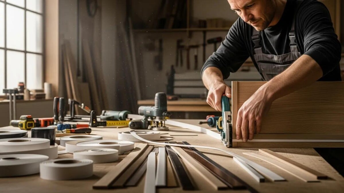 Woodworker applying edgebanding in a workshop, showcasing various materials like PVC and wood veneer