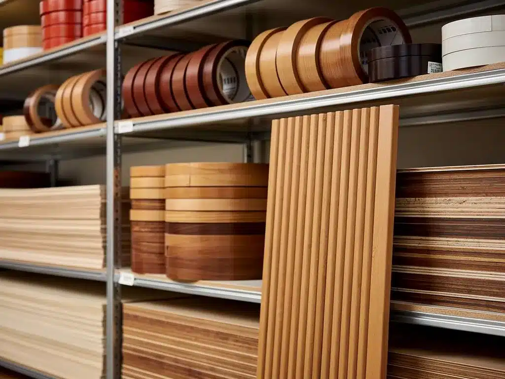 Rolls of architectural-grade wood veneer edgebanding stored on warehouse shelving